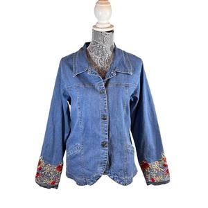 Denim & Co. Floral Embroidered Sleeve Lined Light Wash Denim Jacket Size Large